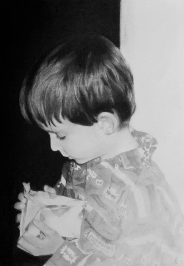 dessin, portrait d'un jeune enfant, d'après photo, dessin, fusain et Graphite 